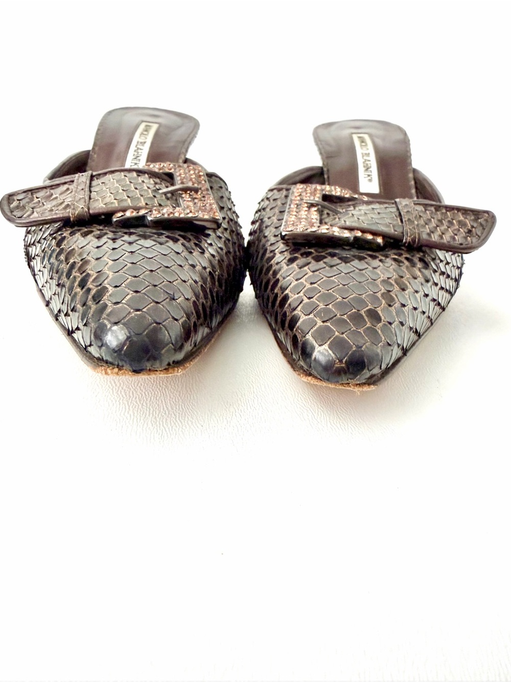 MANOLO BLAHNIK | Vintage Brown Python Snakeskin Crystal Buckle Mule Heels 39.5 - Picture 8 of 13